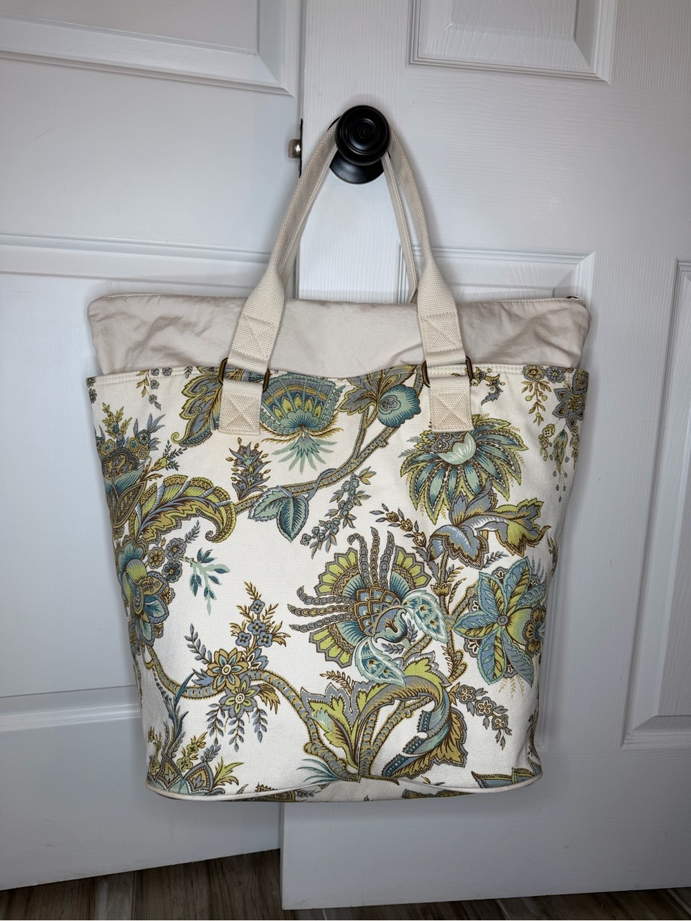 Pottery Barn Large Canvas Floral Print Tote 15" x 14" x 10" Off White Blue Green